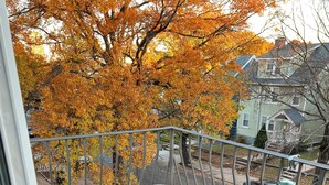 Un balcon agrémenté de meubles en osier, d’un tabouret blanc et offrant une vue sur les arbres aux couleurs automnales et les voitures garées.