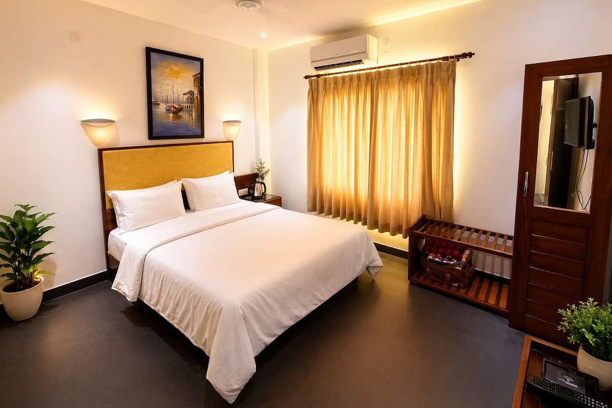 A hotel room with a bed, a potted plant, a wall-mounted air conditioner, and a painting.