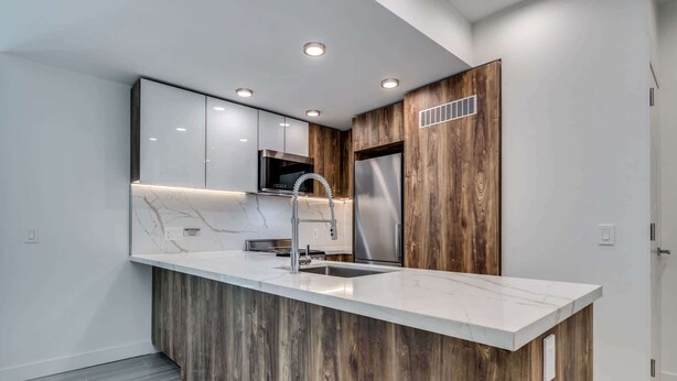 A modern kitchen with a marble countertop, wooden accents, stainless steel appliances, and recessed ceiling lighting. - Luxury Apartment in Central Downtown Location (Vancouver)