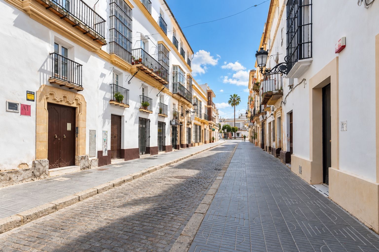 A cobblestone street lined with traditional buildings, featuring balconies with plants, a clear sky, and a palm tree in the distance.