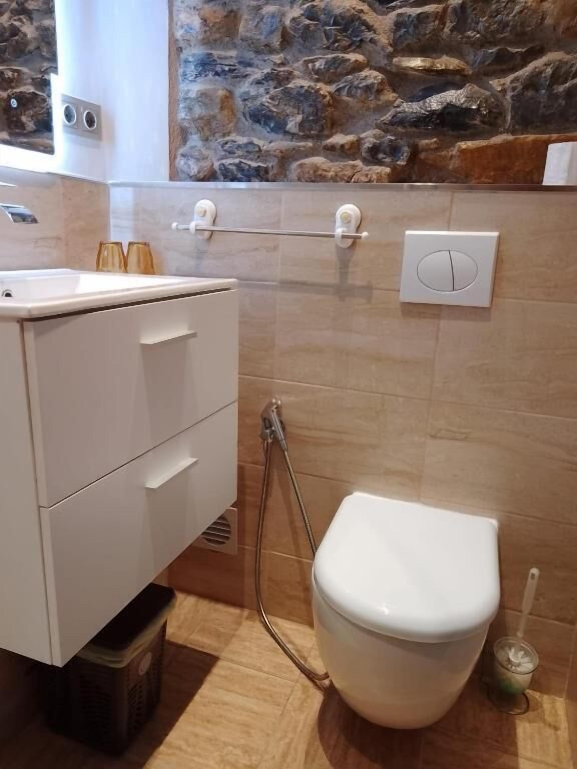 A bathroom with a white toilet, a shower, and a sink with a mirror.