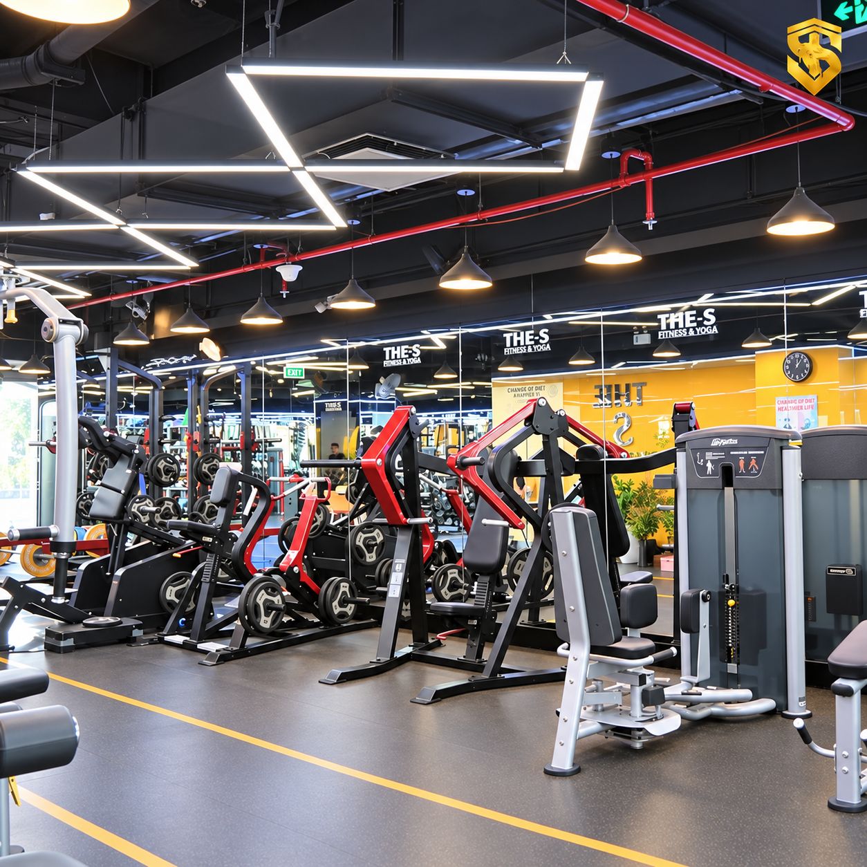Ein Fitnessstudio mit verschiedenen Trainingsgeräten, darunter Kraftmaschinen und Kurzhanteln.