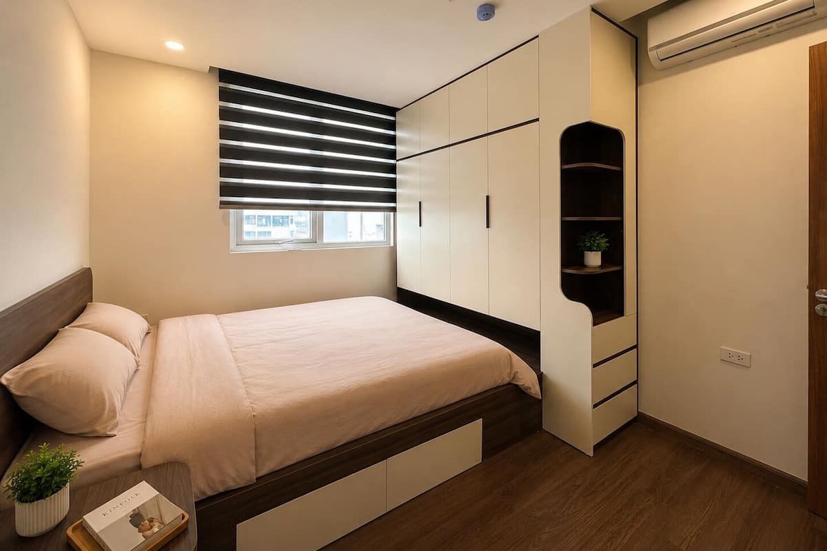 A bedroom with a bed, bedside tables, a window with blinds, a wardrobe, and an air conditioning unit.