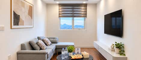 A modern living room with a grey sofa, a round coffee table, a flat-screen TV mounted on the wall, and a window with a view of mountains.