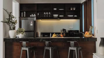 Villa, Balcony, Pool View | Private kitchen | Fridge, microwave, stovetop, cookware/dishes/utensils