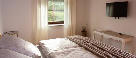 A bedroom with two beds, a bedside table, a TV, and a window with curtains.