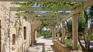 Uma galeria coberta com paredes de pedra, arcos e plantas pendentes.