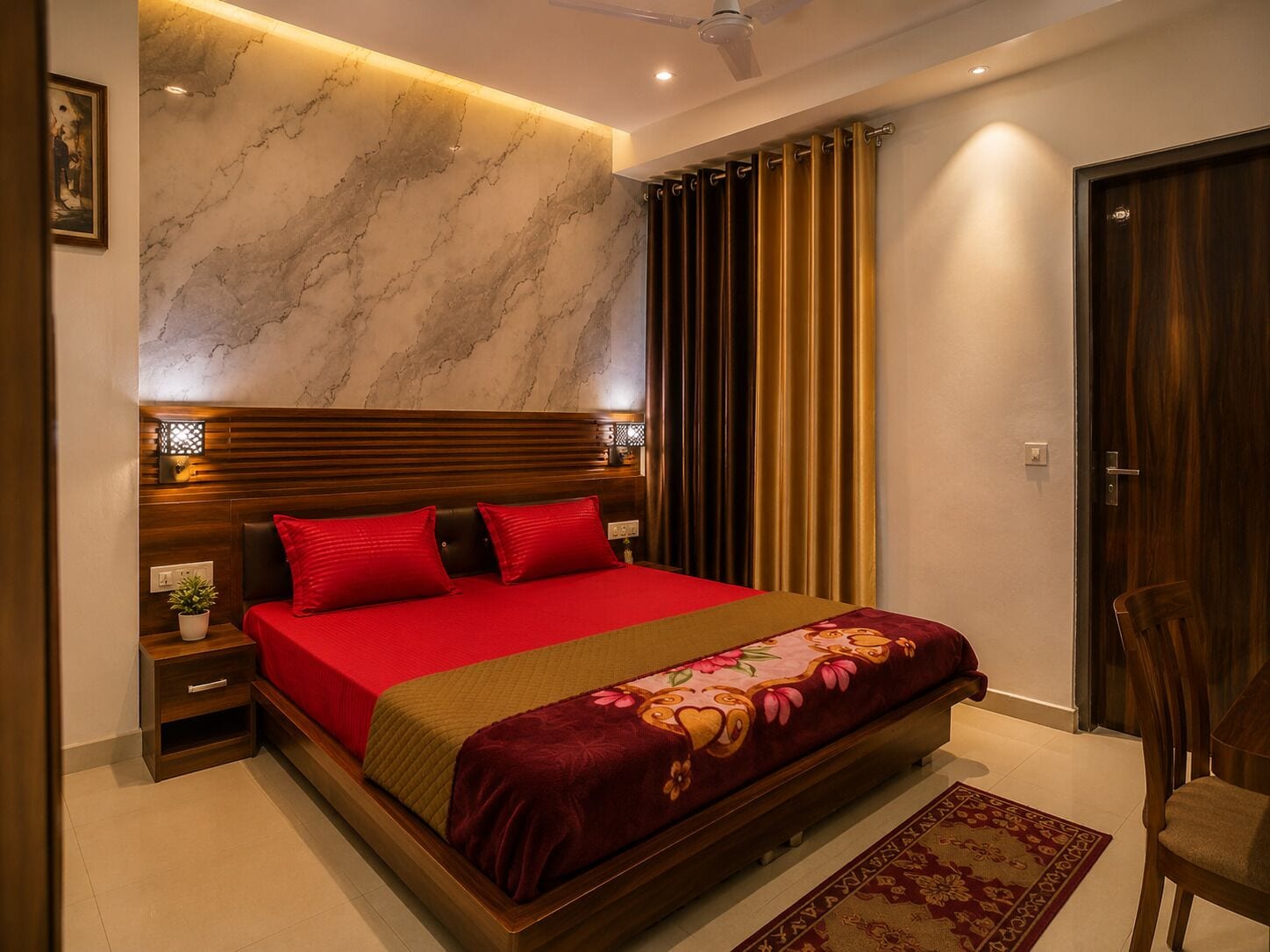 Um quarto com cama, mesa de cabeceira, luminária na parede, porta e uma cadeira.