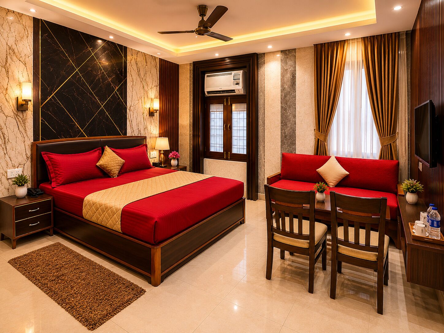 A hotel room with a large bed, a desk with two chairs, a ceiling fan, an air conditioning unit, and a TV.