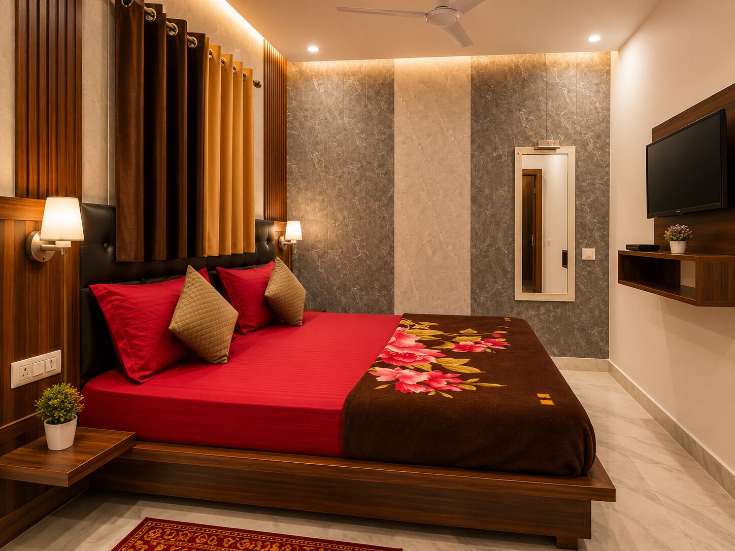A modern bedroom with a bed, bedside lamps, a TV, and a door.