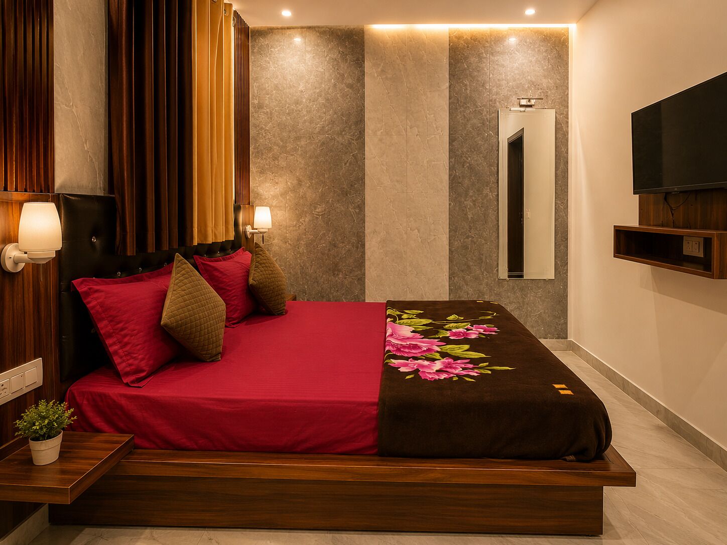 A modern bedroom with a bed, bedside lamps, a TV, and a mirror.