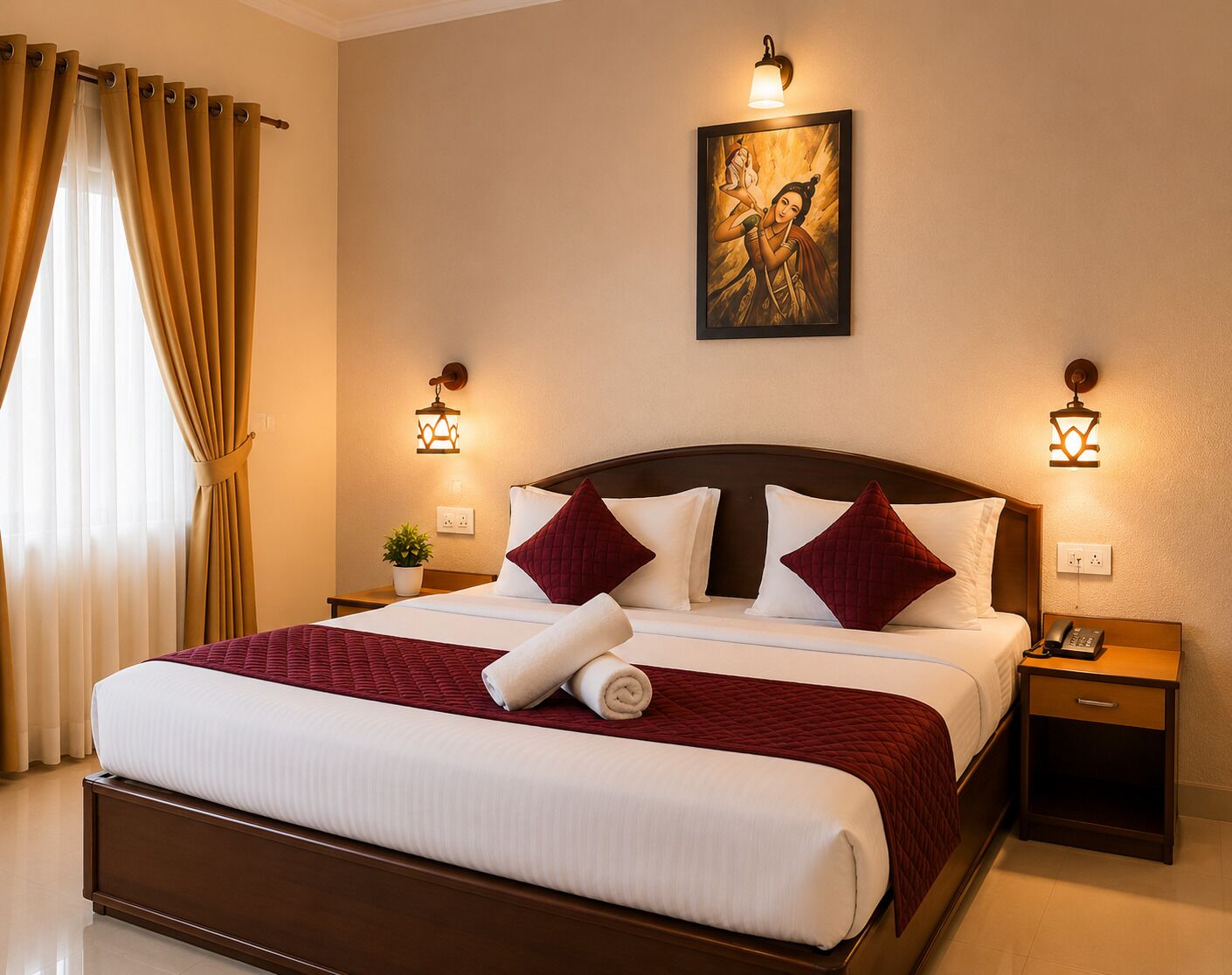 A hotel room with a large bed, two bedside tables, a nightstand, a wall-mounted lamp, and a painting above the bed.