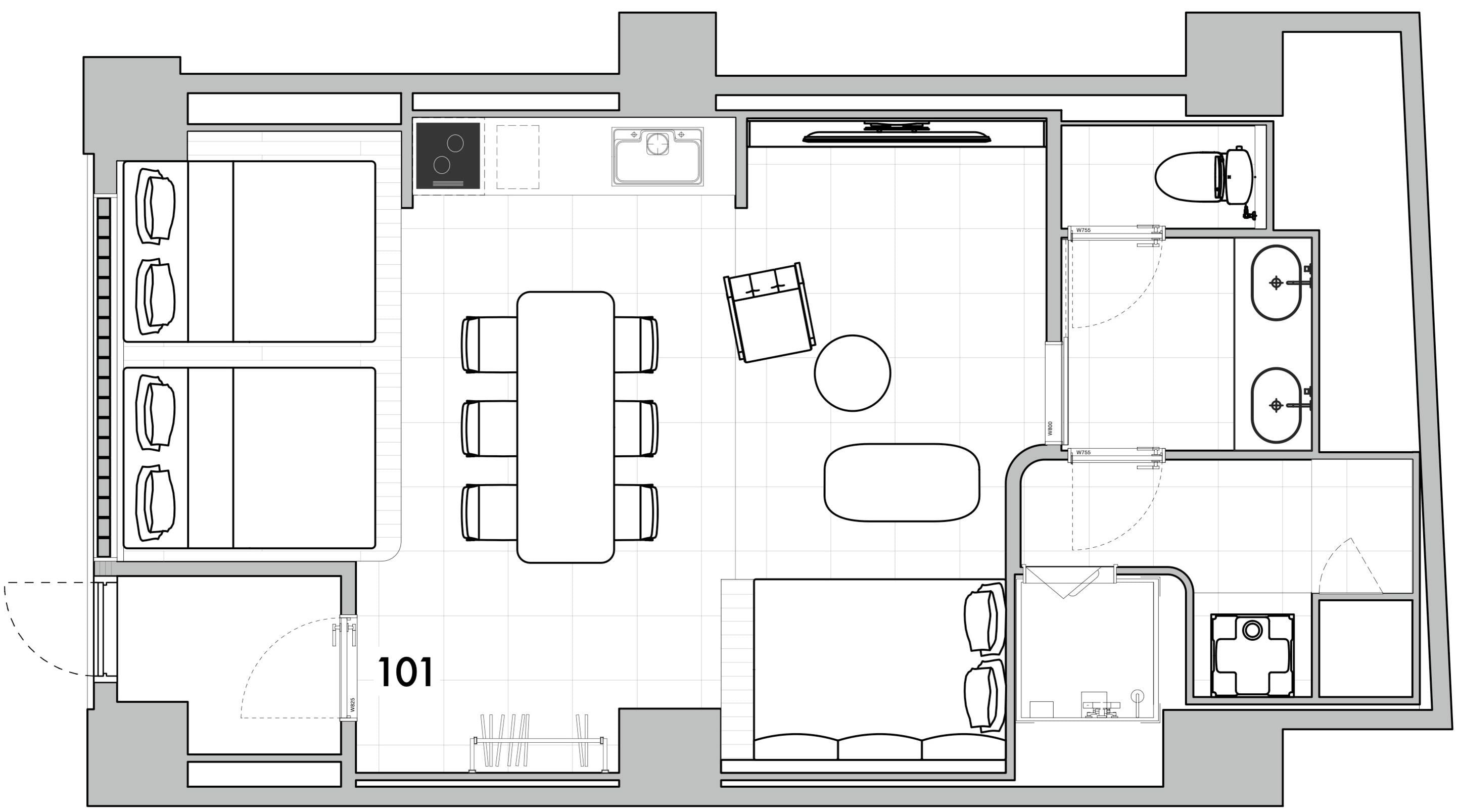 A hotel room layout with a bed, bedside table, wardrobe, and a bathroom with a toilet, sink, and shower.