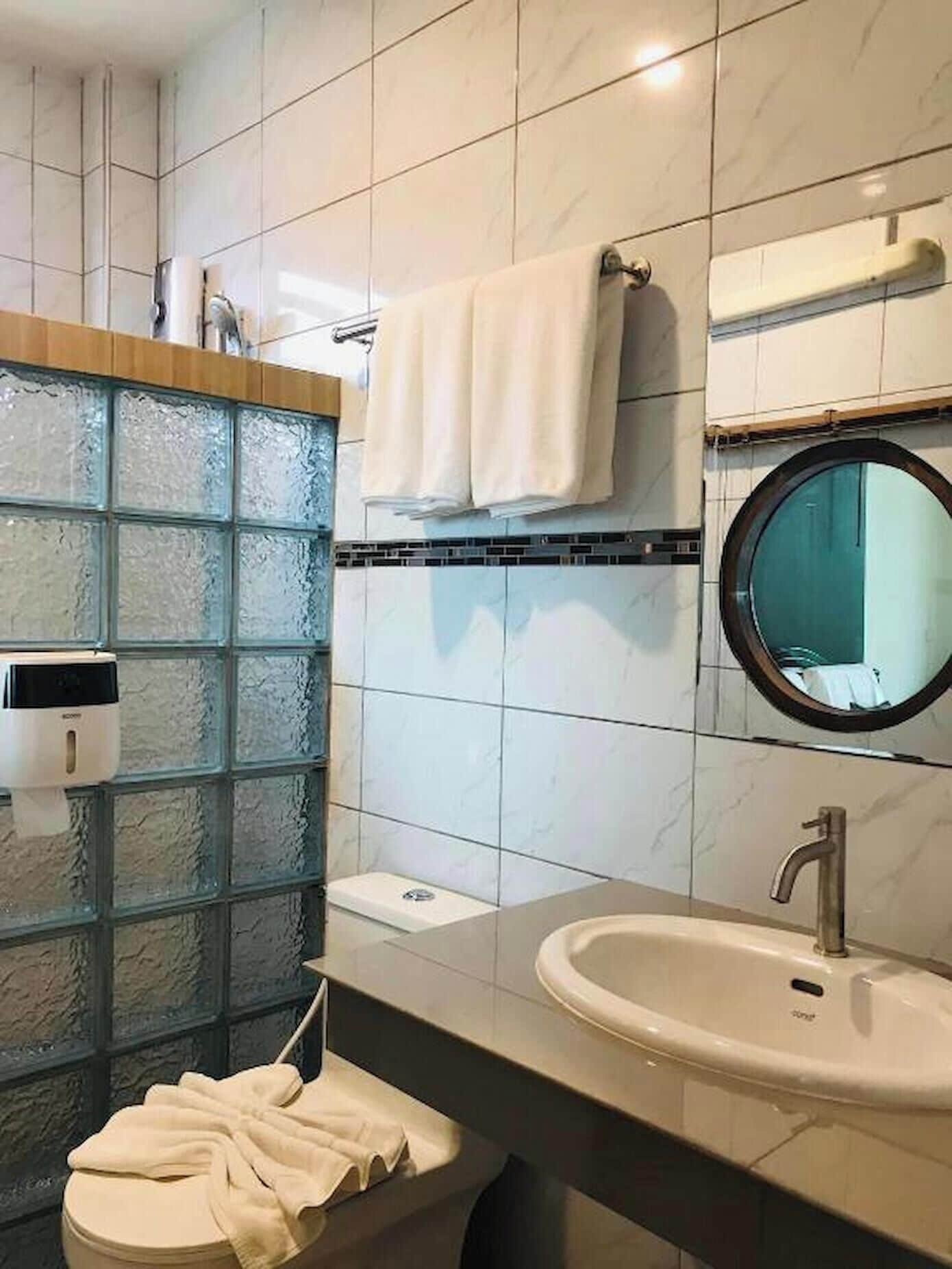 Ein modernes Badezimmer mit einer Wand aus Glasbausteinen, einer Toilette, einem Waschbecken und einem Spiegel.