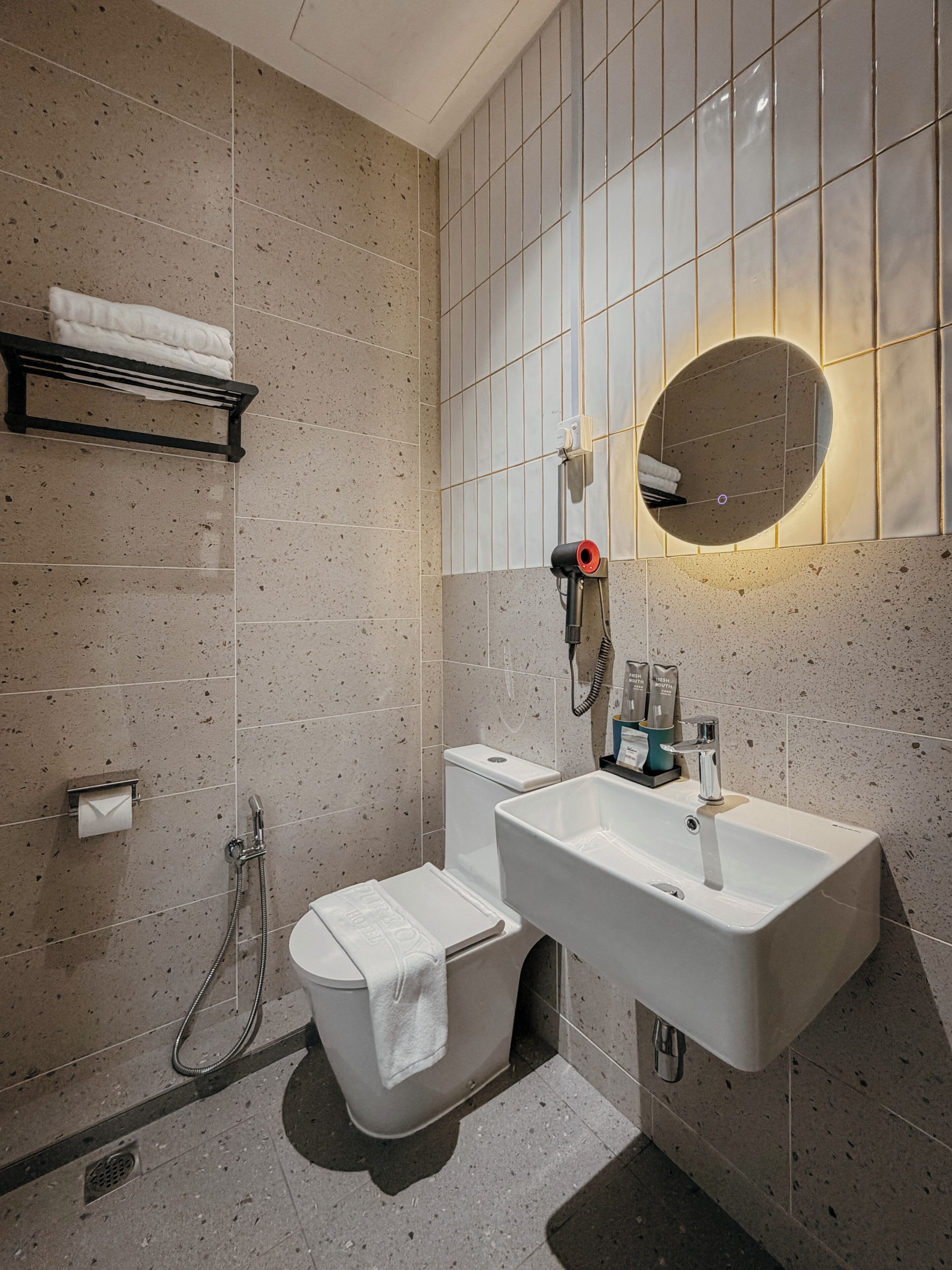 Shower, hair dryer, bidet, towels
