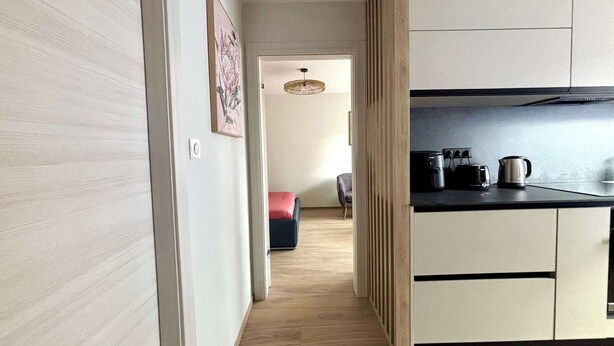 A modern kitchen with a black countertop, a kettle, and a toaster. A wooden door leads to a living area with a sofa and a chair. - New Apartment Just 1 Min from the Basel Border (Saint-Louis)