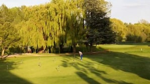 A golf course with a person in blue pants walking on the green, trees in the background, and a clear sky. - Hallmark Hotel Cambridge (Cambridge)