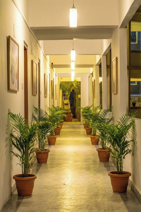 A hallway with potted plants, framed pictures on the walls, and a person walking away.