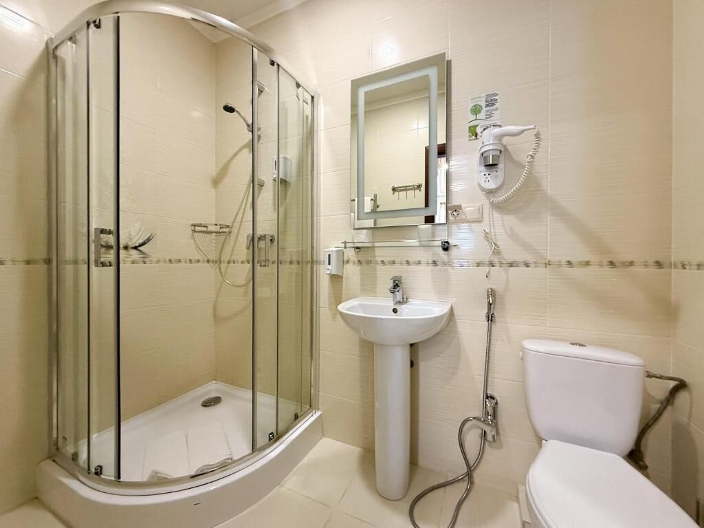 A bathroom with a glass-enclosed shower, a pedestal sink, a toilet, and a mirror.