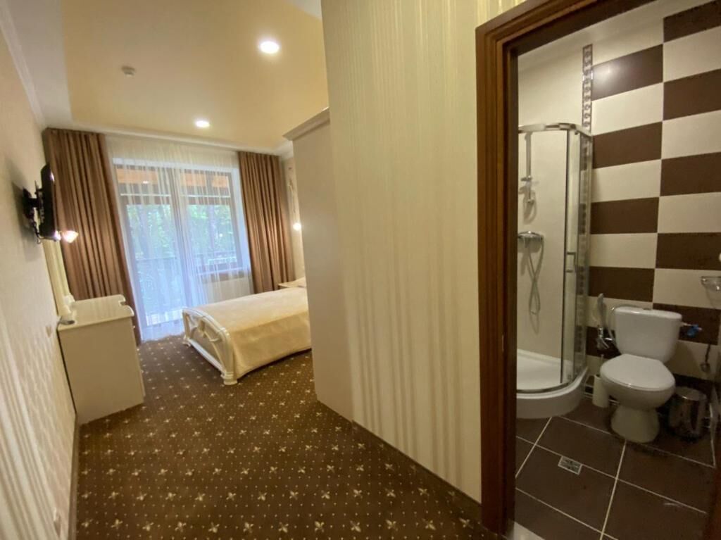 Une chambre d’hôtel avec un lit, une douche et des toilettes.