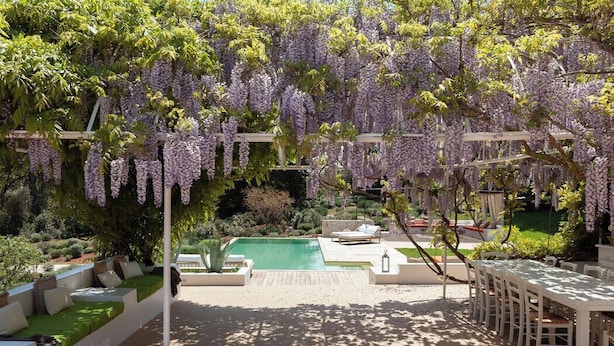 Un jardín con piscina, muebles de exterior blancos y glicinas moradas colgando de un pérgola.