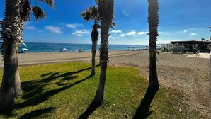 A beach with palm trees, a clear sky, and a distant view of the ocean. - La Caleta 'Mediterranean beachfront house' (Caleta de Vélez)