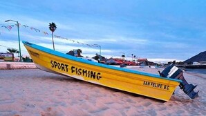 En båt med texten ”SPORTSFISKE” på sidan ligger på en sandstrand under en klar himmel.