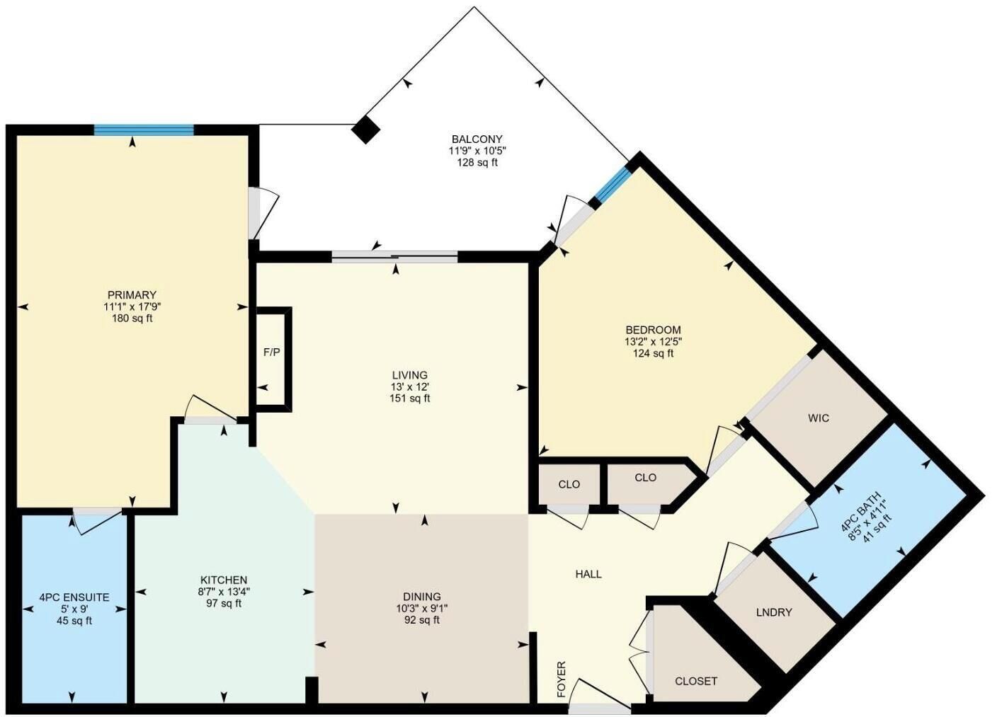 A floor plan with a primary bedroom, living room, dining area, kitchen, and a 4PC ensuite bathroom.