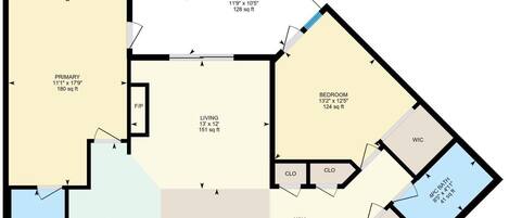 A floor plan with a primary bedroom, living room, dining area, kitchen, and a 4PC ensuite bathroom.
