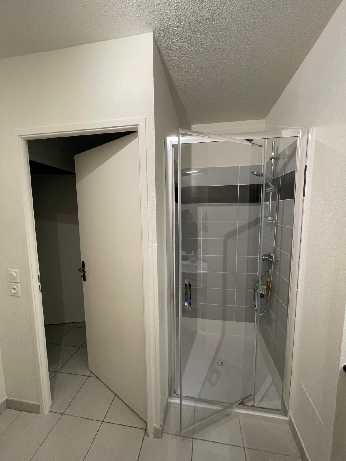 Een douche, een haardroger, handdoeken, toiletpapier