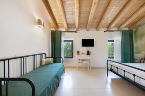A bedroom with a bed, a desk, a TV, and windows with curtains. - 'Camera Olio' with Shared Garden, Wi-Fi and Air Conditioning (Negrar di Valpolicella)