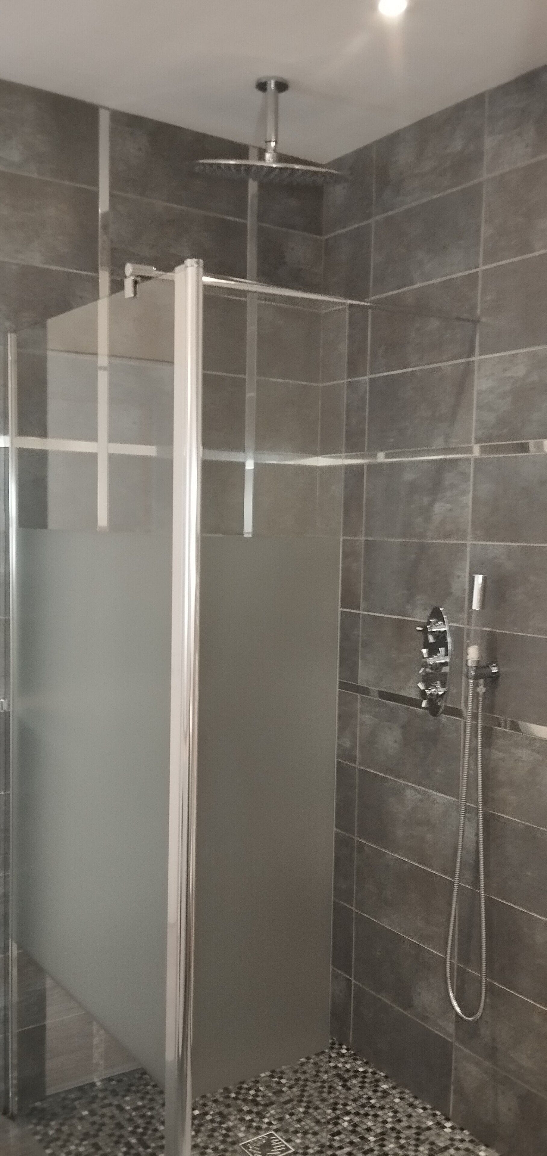 Une douche fermée par des parois en verre, dotée d’un pommeau de douche à main et d’un robinet fixé au mur.