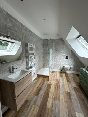 Een moderne badkamer met dakraam, douche, toilet en wastafelmeubel.