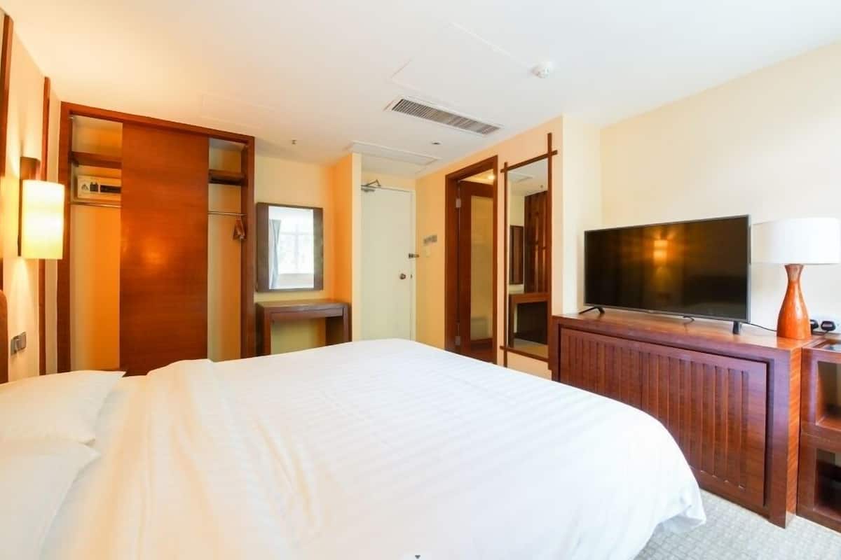 Una habitación de hotel con cama, televisor, armario y espejo.