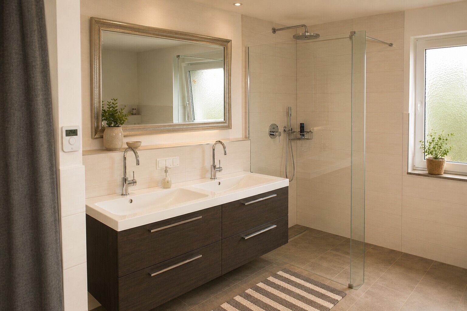 A bathroom with a double sink vanity, a large mirror, a glass shower enclosure, and a window with a plant.