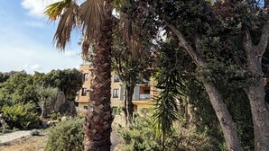 A palm tree, a building with balconies, and surrounding greenery. - KerTerra Corsica - Apartment 3 Bedrooms- 6 Pers - Heated pool & private beach (Pianottoli-Caldarello)