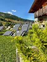 Un chalet con sdraio all'aperto, un edificio in pietra e un panorama montano.