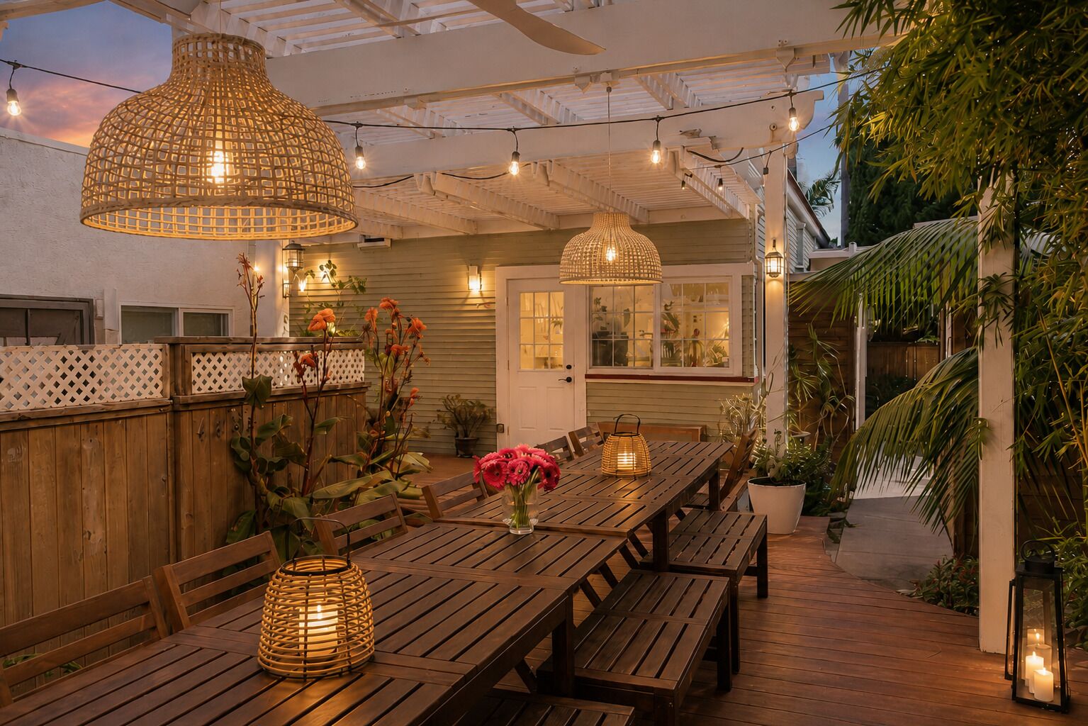 An outdoor patio with wooden tables and benches, string lights, and hanging lamps.