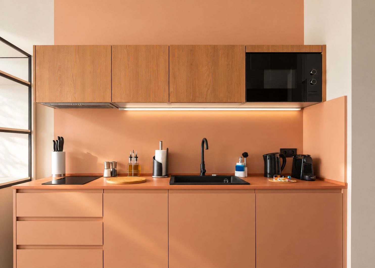 A modern kitchen with wooden cabinets, a black microwave, a sink, and various appliances.