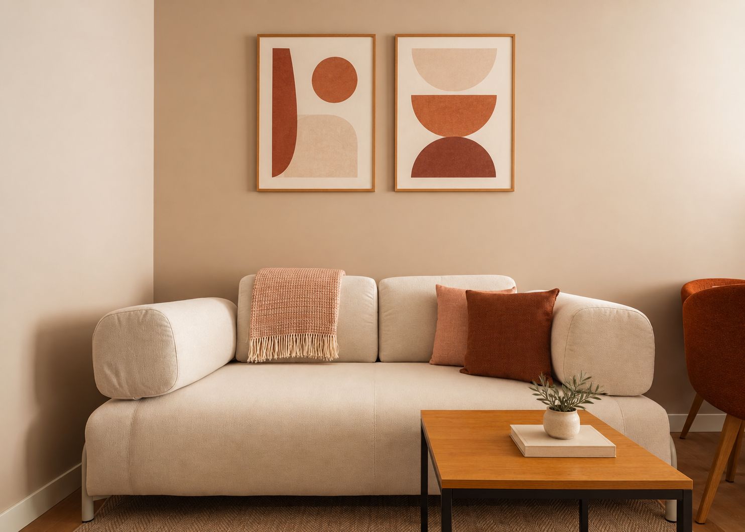 A neutral-toned living room with a sofa, two cushions, a throw blanket, and a coffee table with a book and a plant.