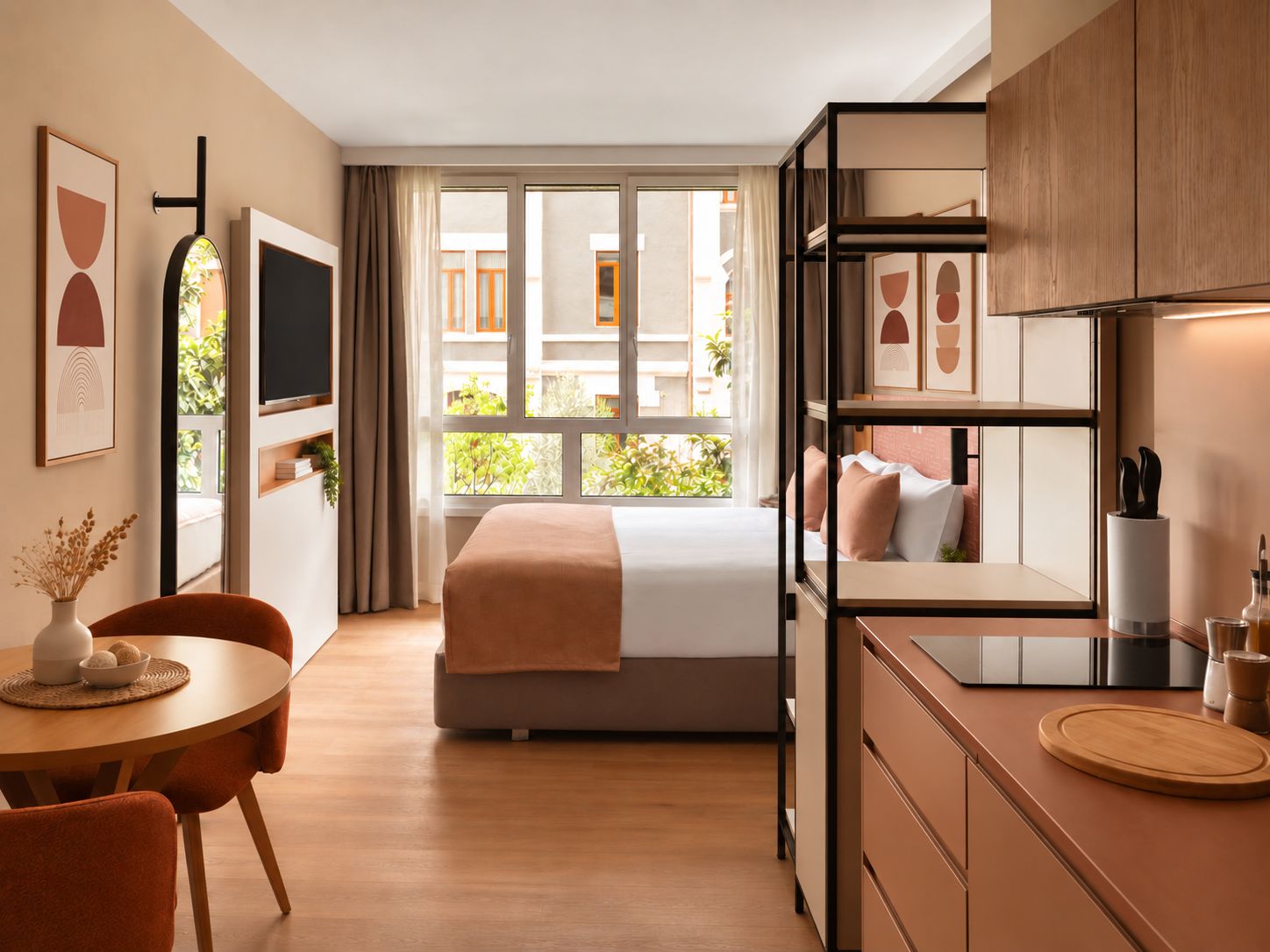 Een moderne hotelkamer met een bed, een zithoek en een kitchenette.