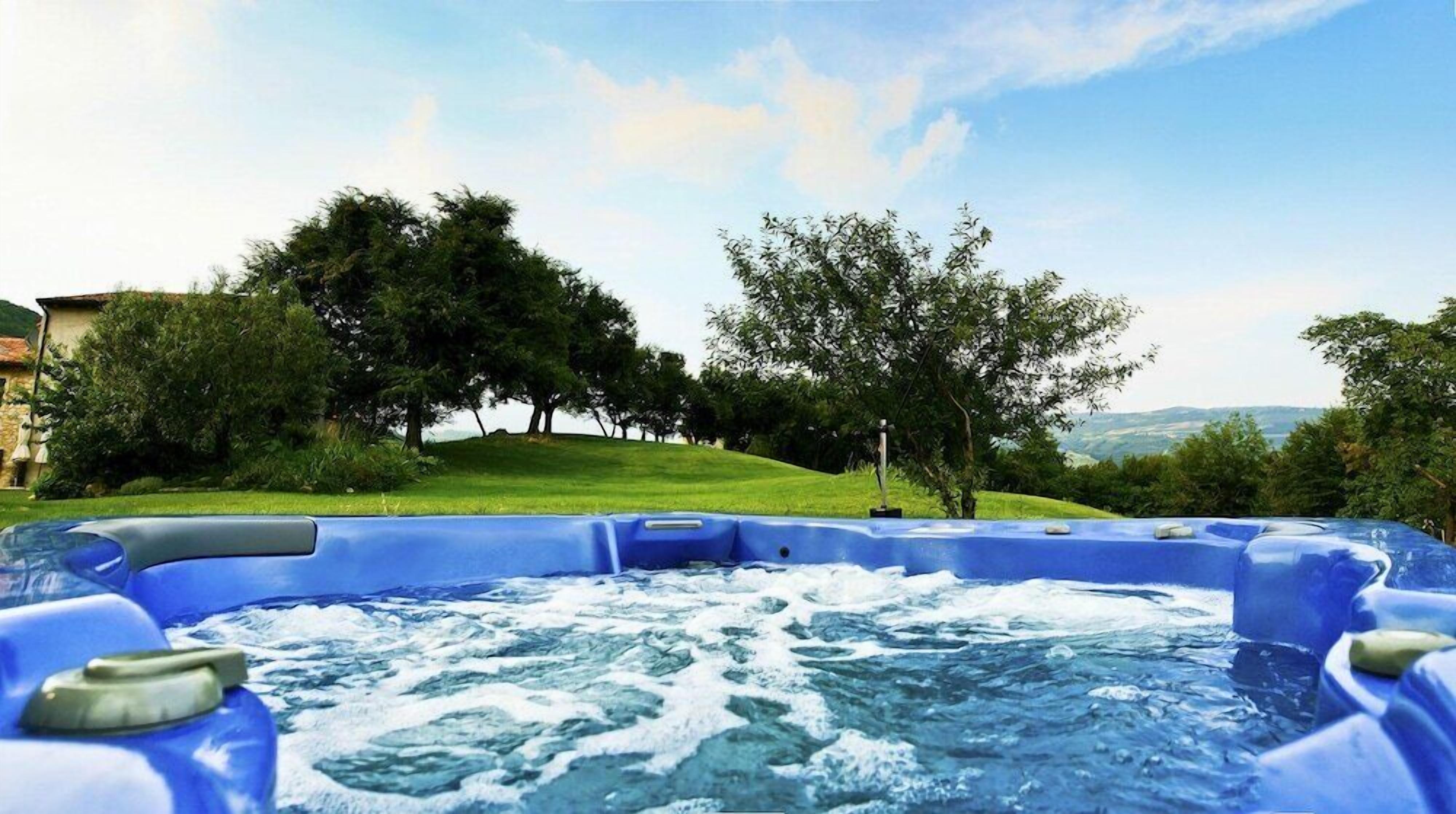 Ein Whirlpool, umgeben von Bäumen und einer grasbewachsenen Hügellandschaft.