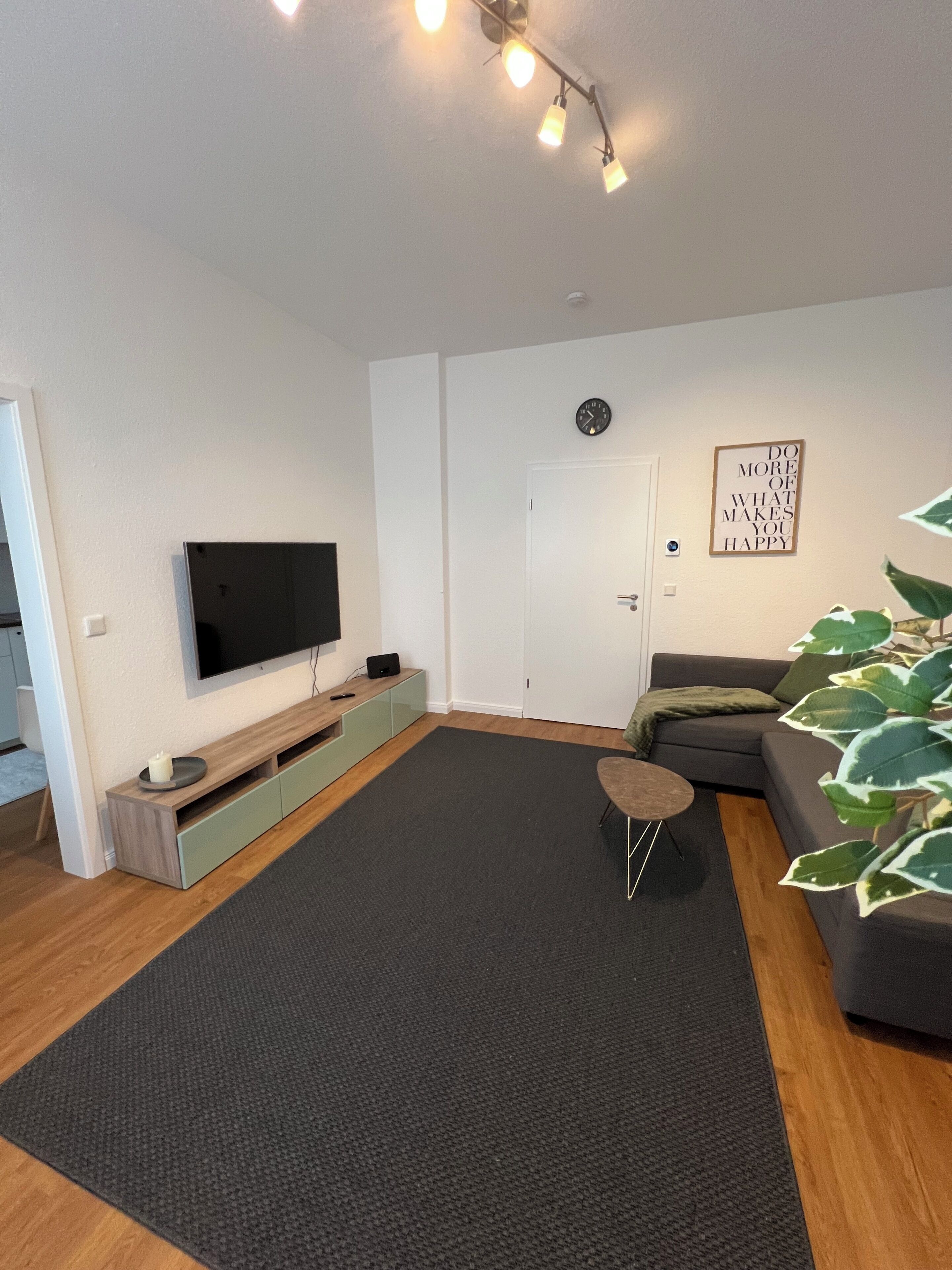 A modern living room with a flat-screen TV, a sofa, a coffee table, and a large plant.