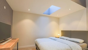 A modern bedroom with a skylight, a bed, a bedside table, and a TV. - Amazing Duplex Apartment 8P (Arras)