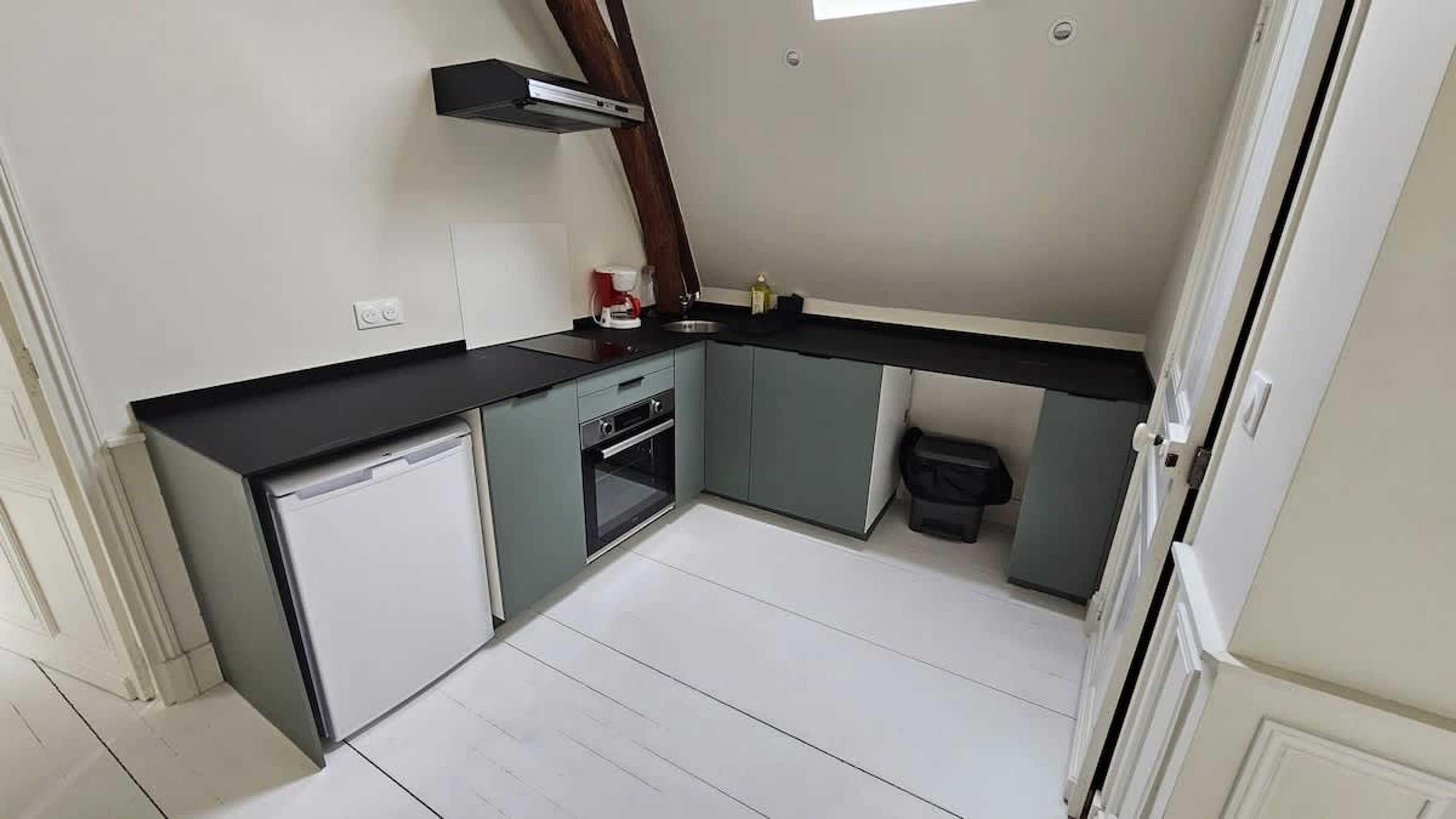 A compact kitchen with a dishwasher, oven, and a small trash bin.