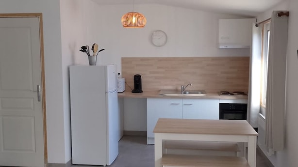 A compact kitchen with a refrigerator, sink, and a wooden table. - Chez Serge N 107 Jardin Parking Animaux 4 Pers (Noeux-les-Mines)
