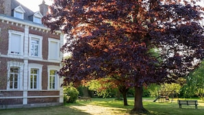 A brick building with white trim and a large tree with red leaves in a park. - Geantgw Principale Appt Appartement Confort - Propri t Art et Histoire (Aire-sur-la-Lys)