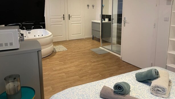 Un dormitorio moderno con cama, bañera, vestidor y zona de ducha.