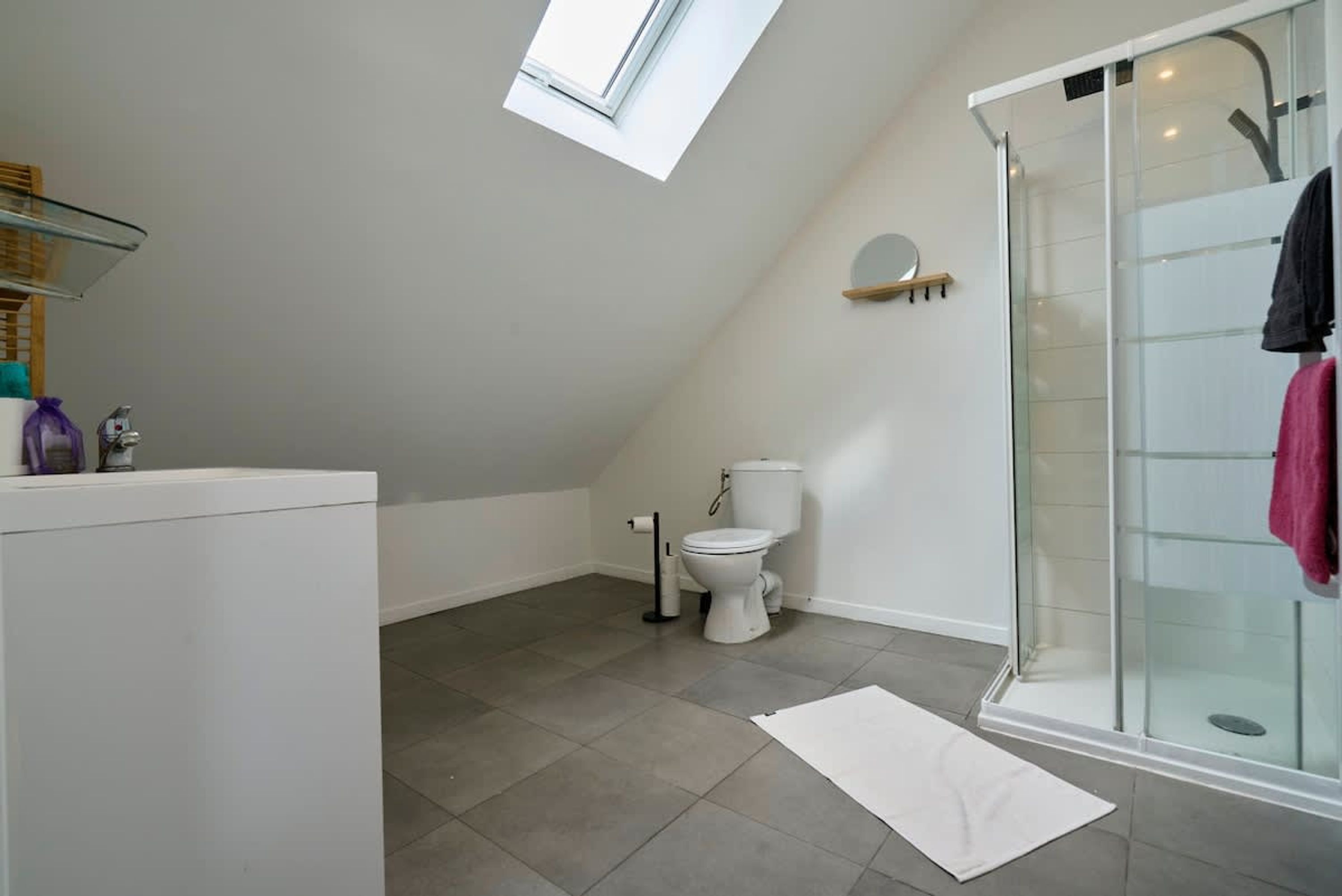 A bathroom with a skylight, a glass shower enclosure, and a white toilet.