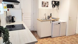 A compact kitchen with a built-in dishwasher, a small countertop, and a wall-mounted sink.